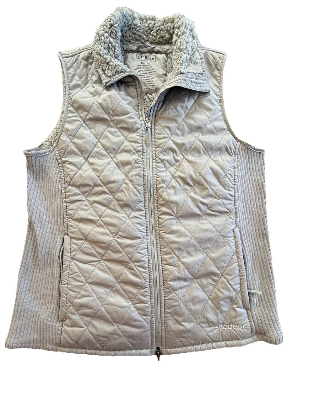 LL Bean Vest Womens Medium Gray Quilted Sherpa Lined Full Zip Pockets Warm